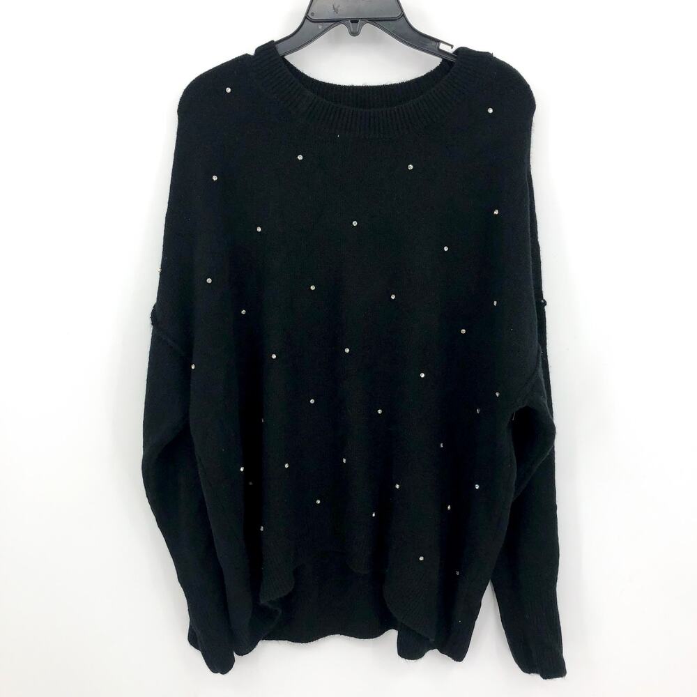 CECE Crew Neck Drop Shoulder Rhinestone Sweater Large Black  Jersey Knit NWT - Picture 2 of 9